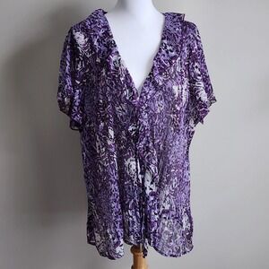 Reitmans Plus Ruffle Cardigan Womens 20 Purple Floral Pleated Sheer Lightweight